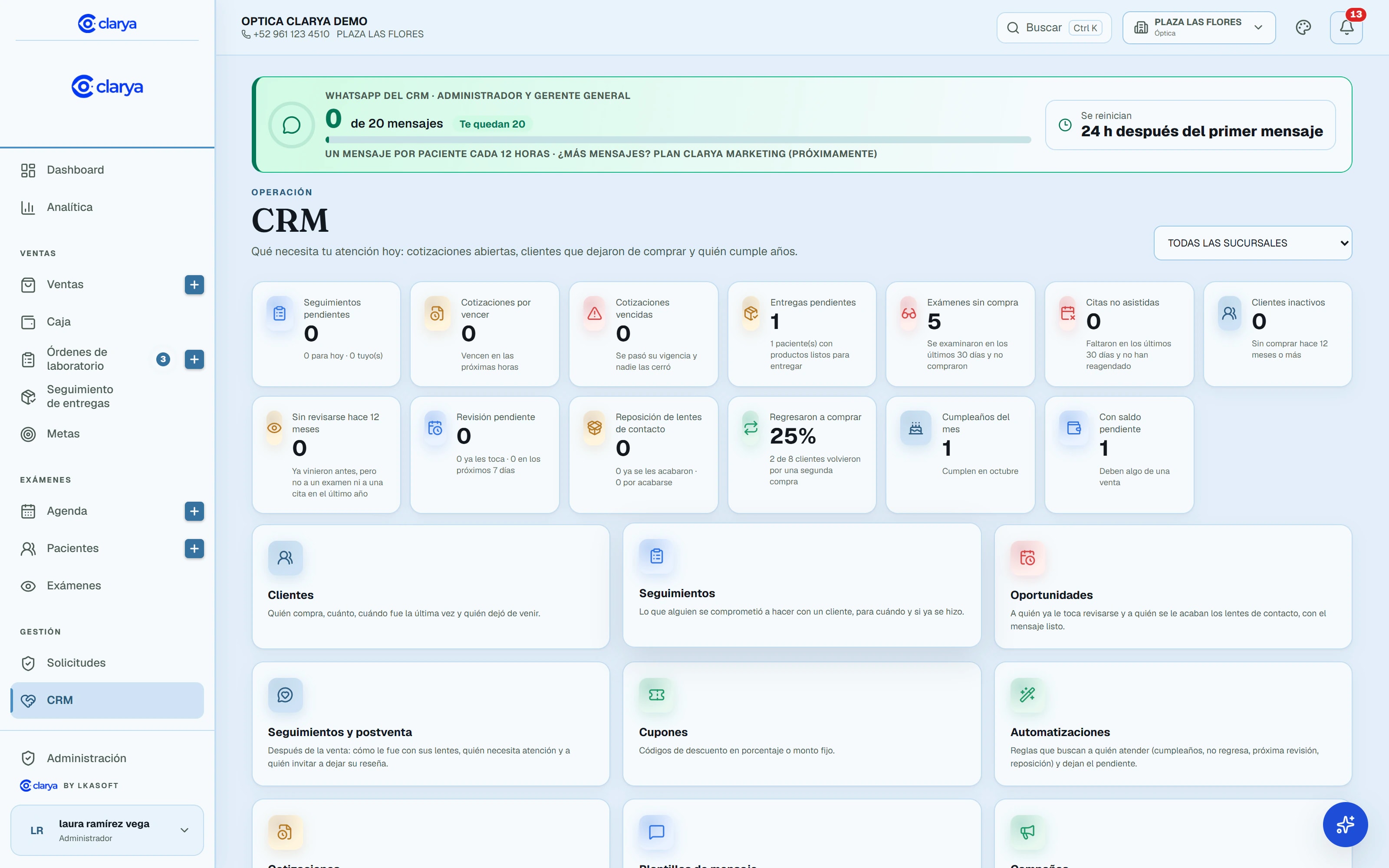 Tablero del CRM de Clarya: seguimientos pendientes, cotizaciones por vencer, entregas pendientes, exámenes sin compra, revisiones, reposiciones, cumpleaños y saldos, con accesos a clientes, seguimientos, oportunidades, postventa, cupones y automatizaciones.