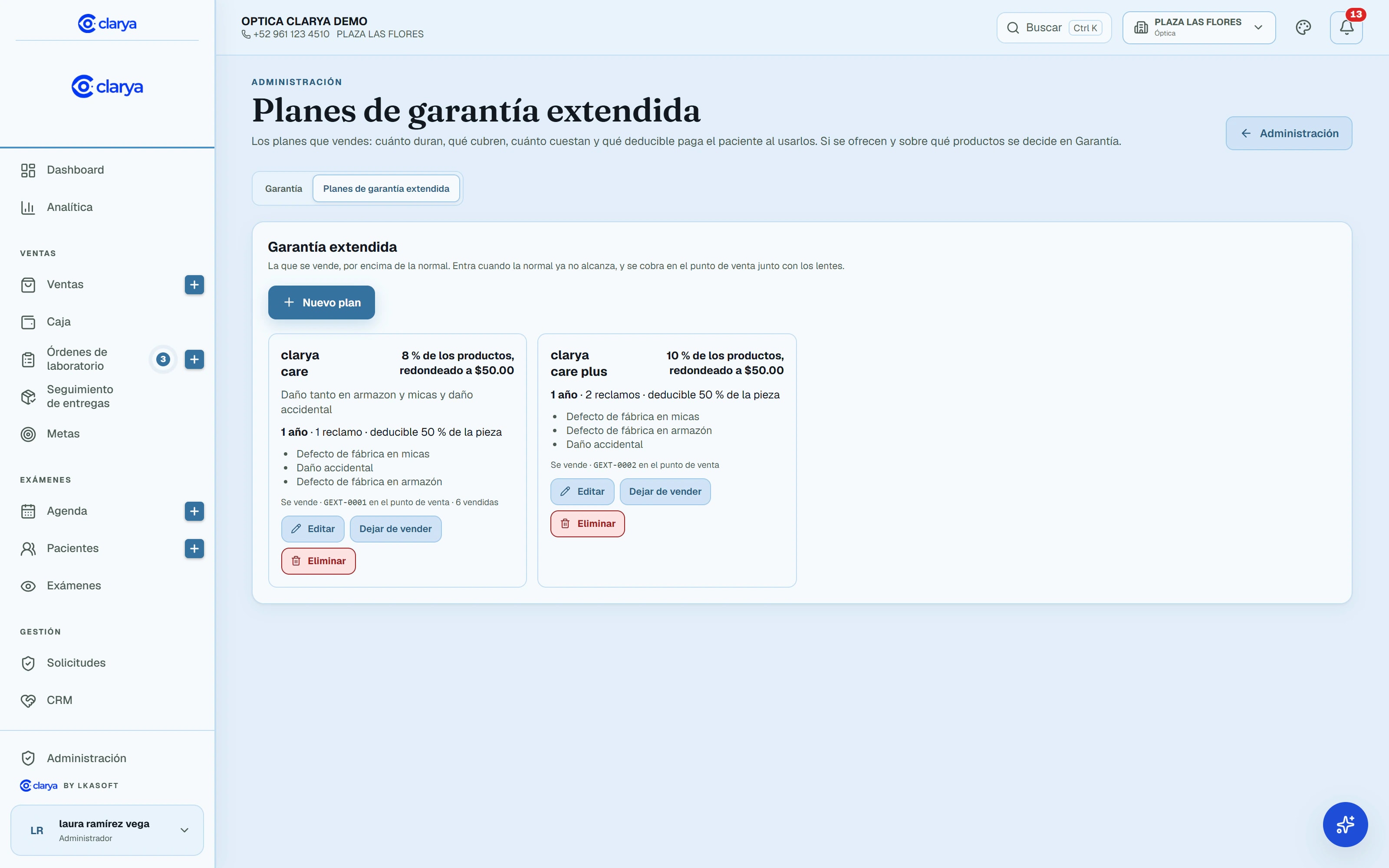 Planes de garantía extendida en Clarya: dos planes con su precio como porcentaje de los productos redondeado, su duración, reclamos, deducible y coberturas.