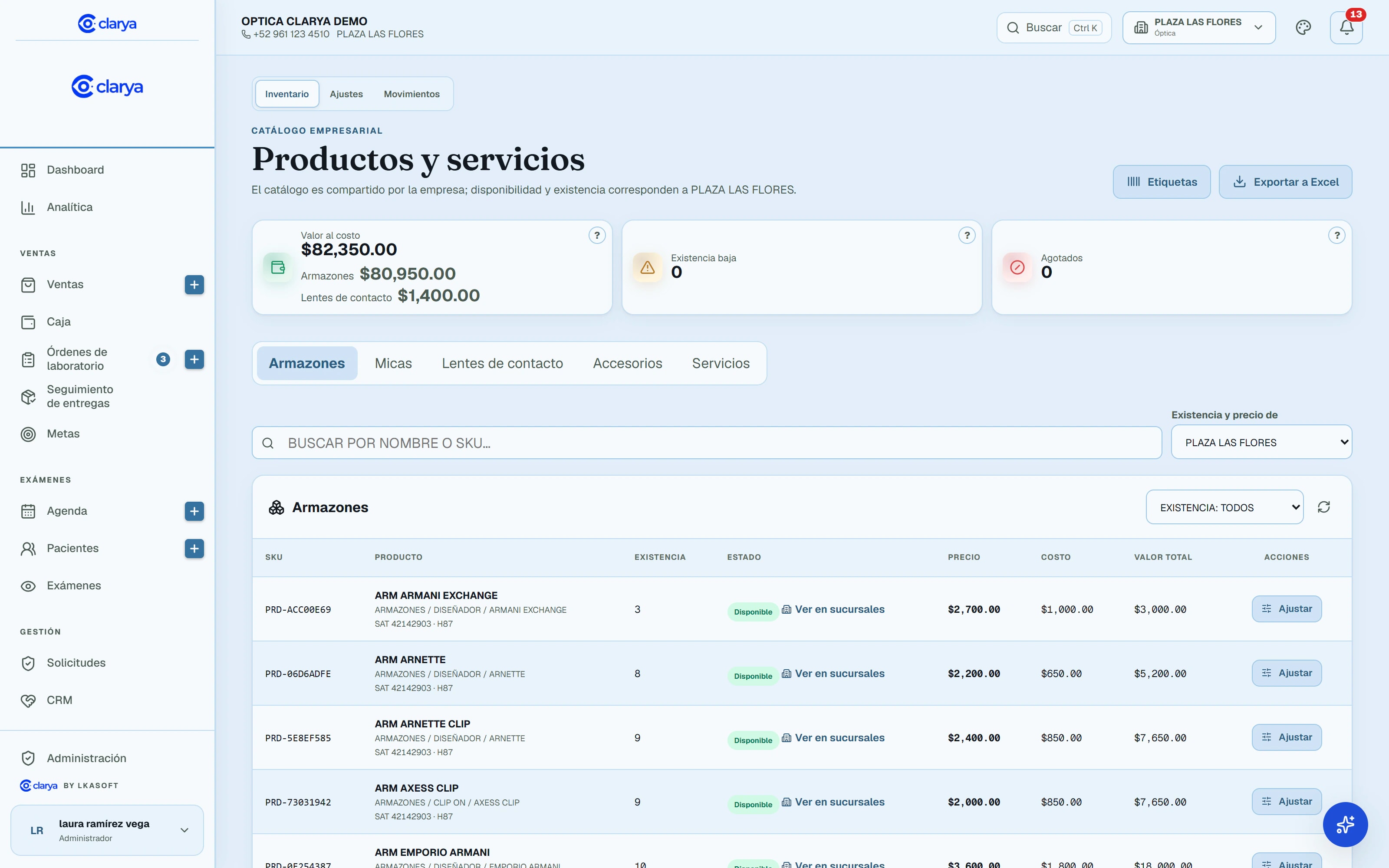 Catálogo de productos de Clarya con SKU, costo, precio de venta y existencias por sucursal.