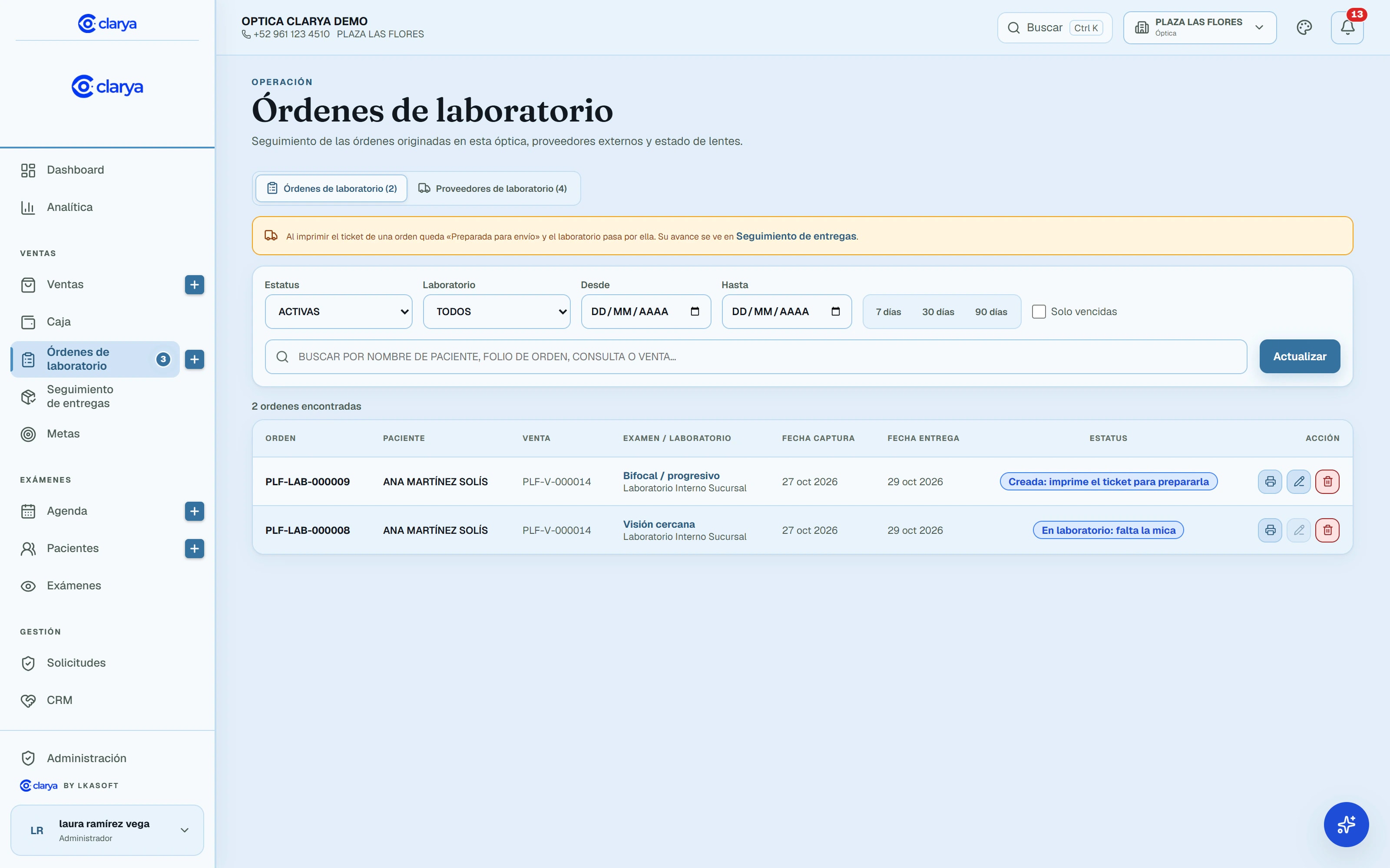 Órdenes de laboratorio de Clarya con folio, paciente, venta ligada, fecha de entrega y estado de cada trabajo.