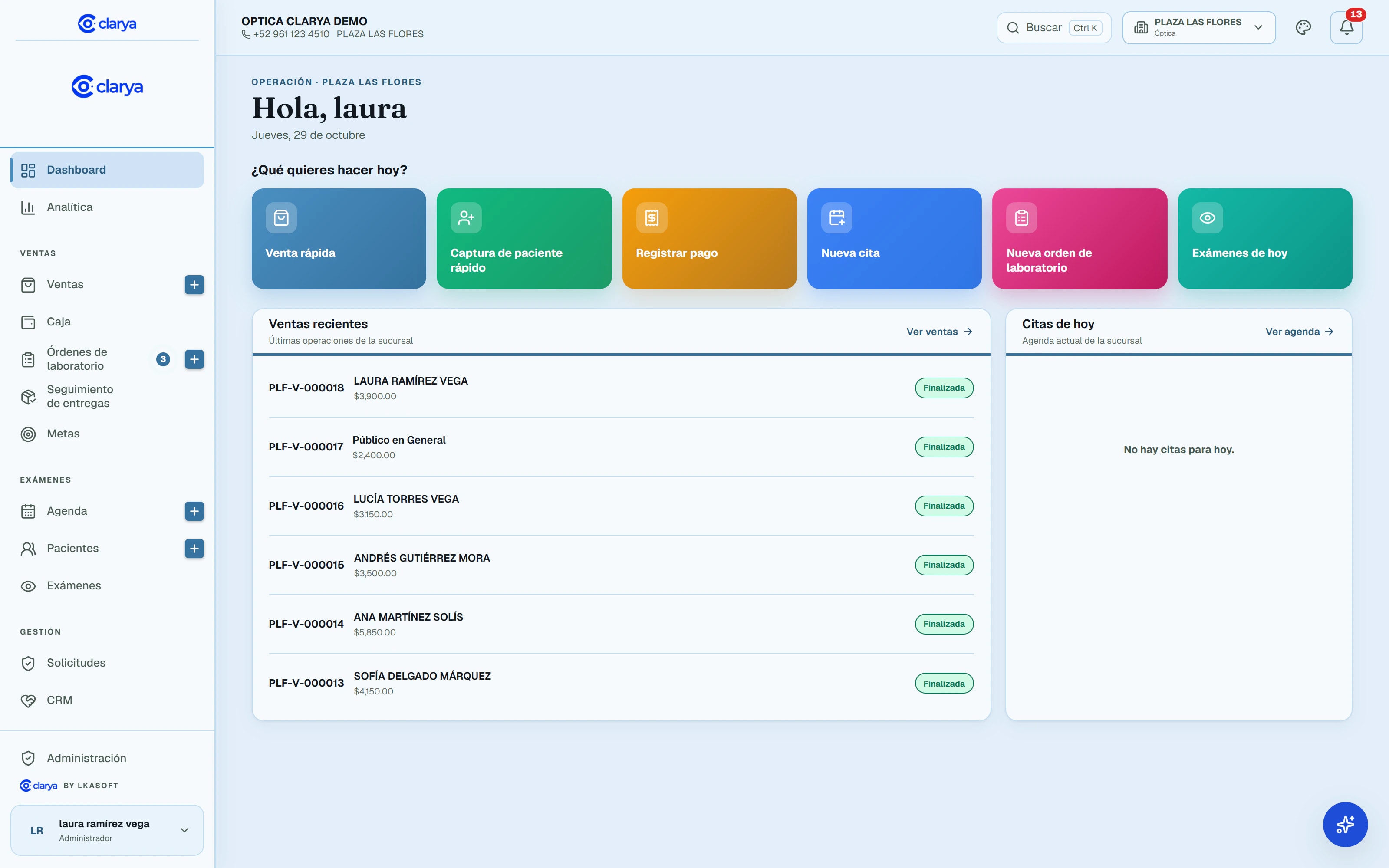 Tablero de Clarya, el software para ópticas: accesos rápidos a venta, paciente, pago, cita y orden de laboratorio, con las ventas y citas del día.